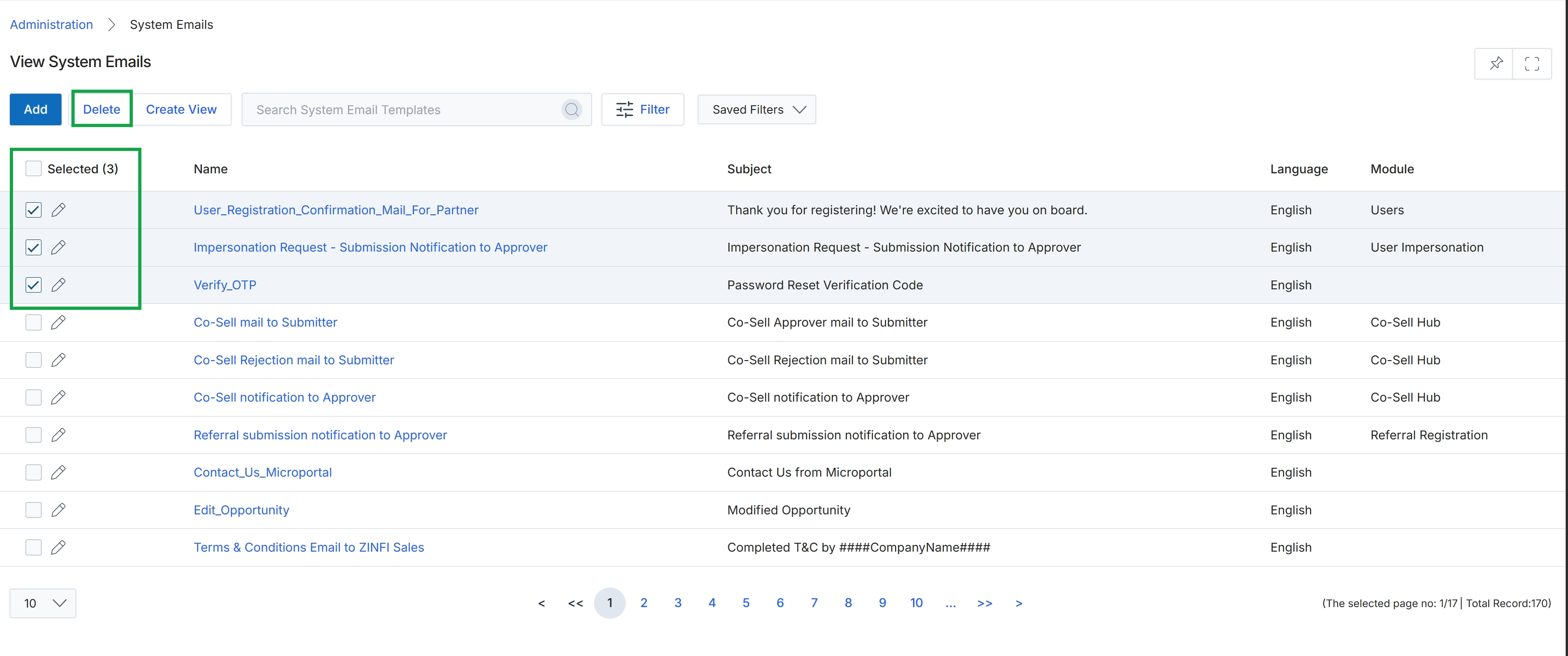 System Emails list view