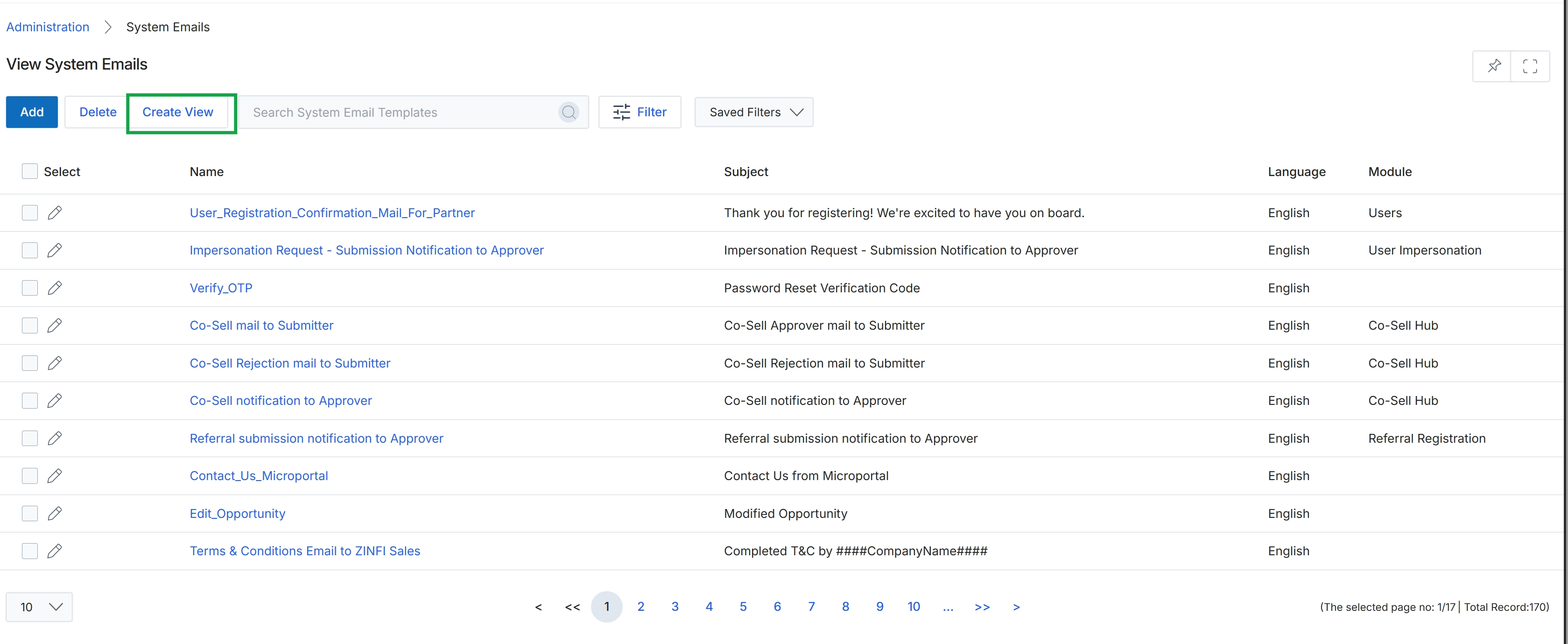 System Emails list view