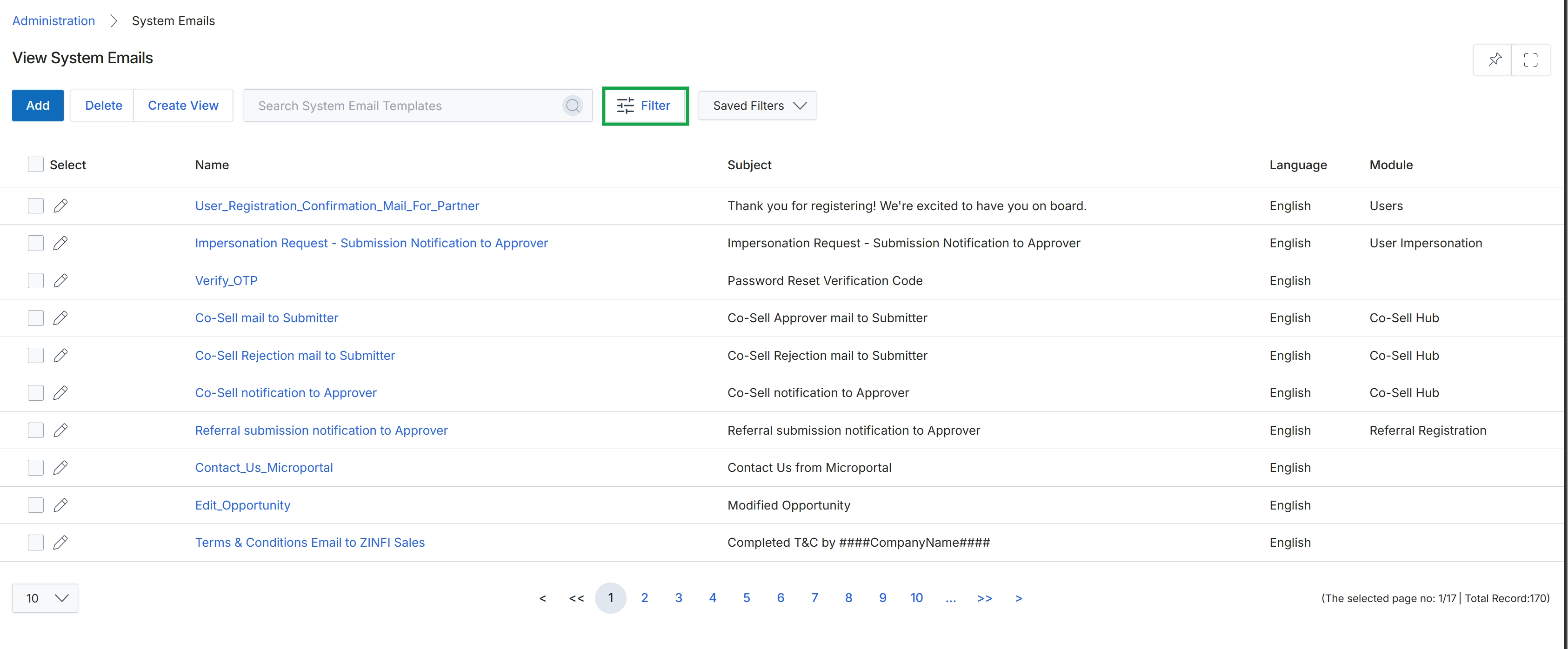 System Emails list view with Filter button highlighted