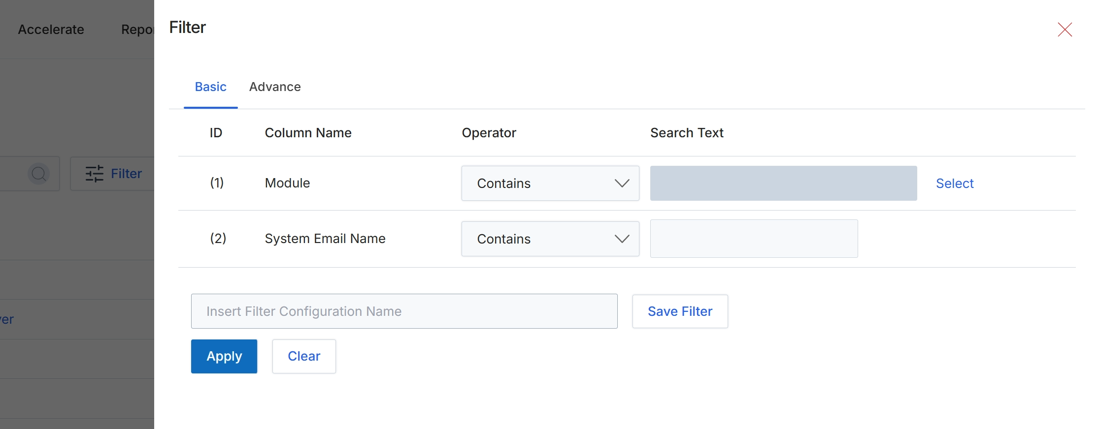 Filter dialog for system email templates