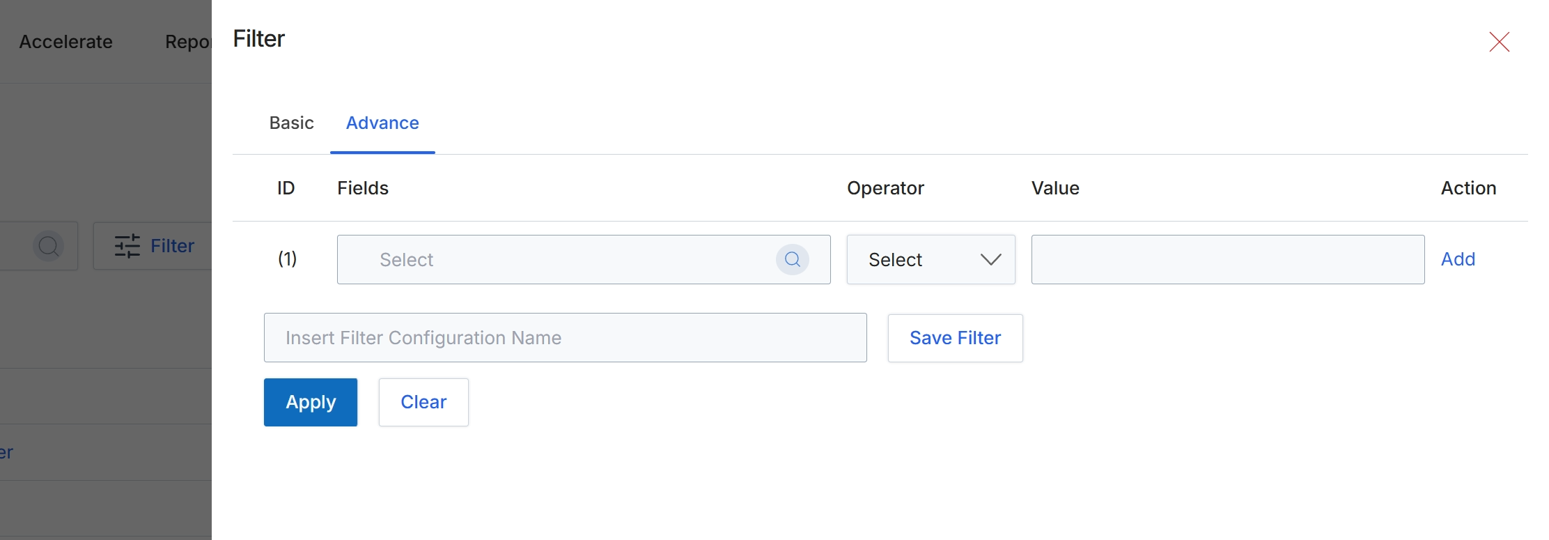 Advanced Filter configuration dialog