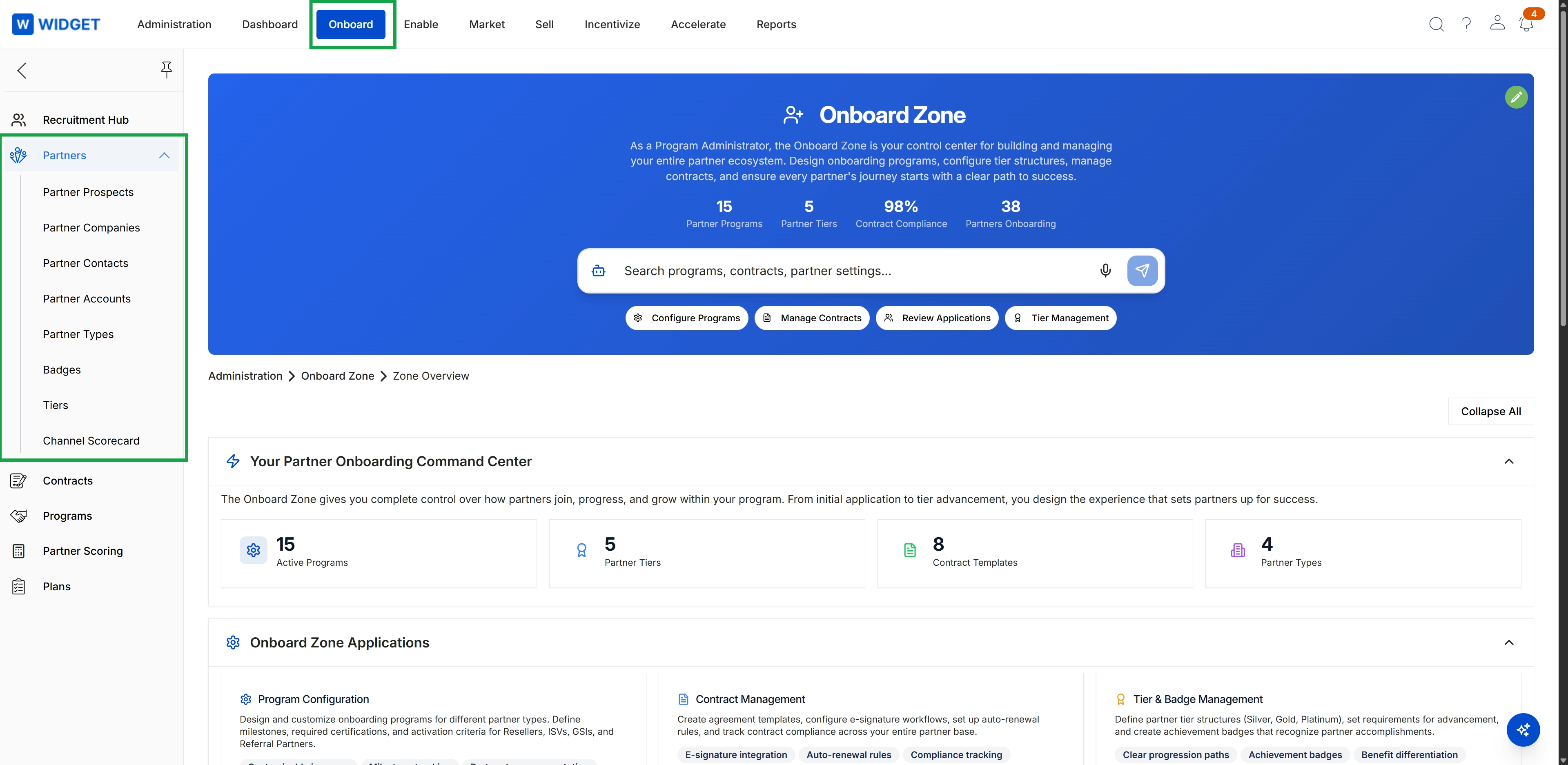 Onboard Zone overview with Partners menu expanded