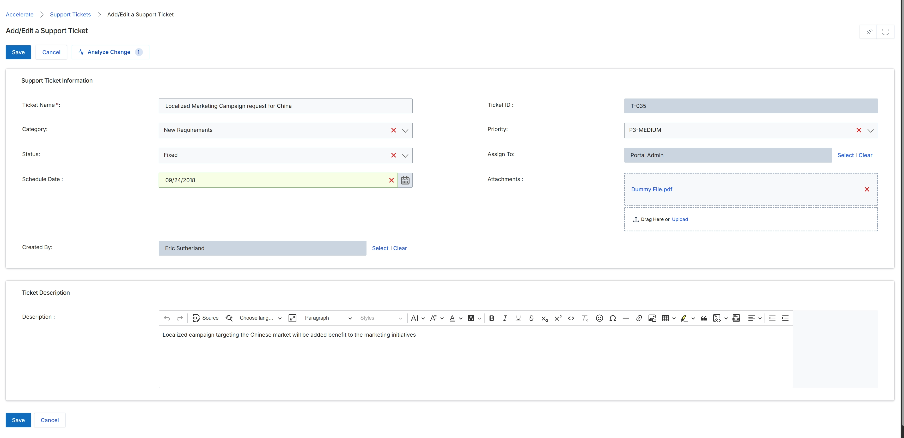 Add/Edit a Support Ticket form
