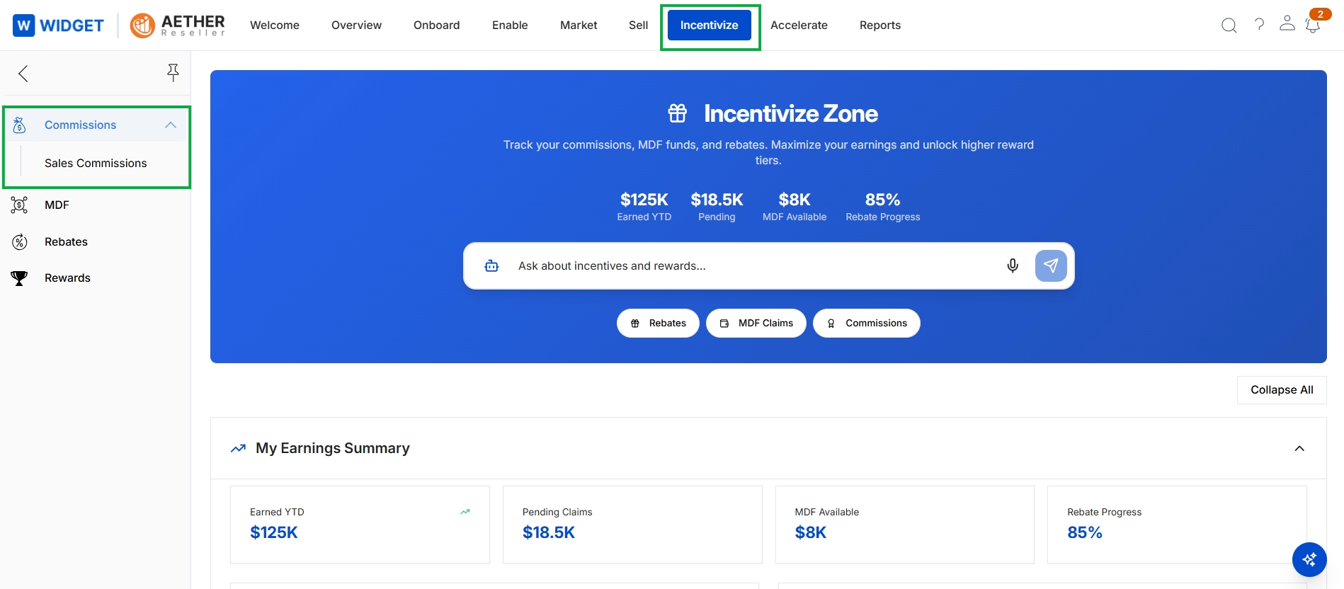 Incentivize Zone landing page with left navigation expanded