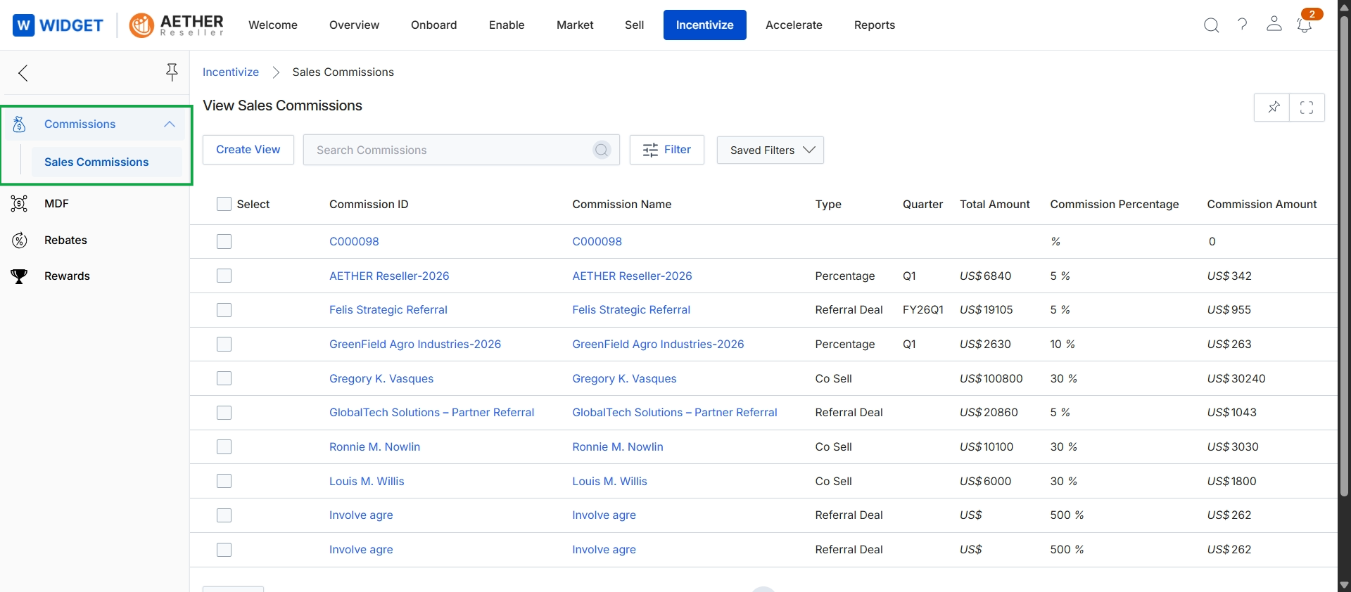 Sales Commissions list view