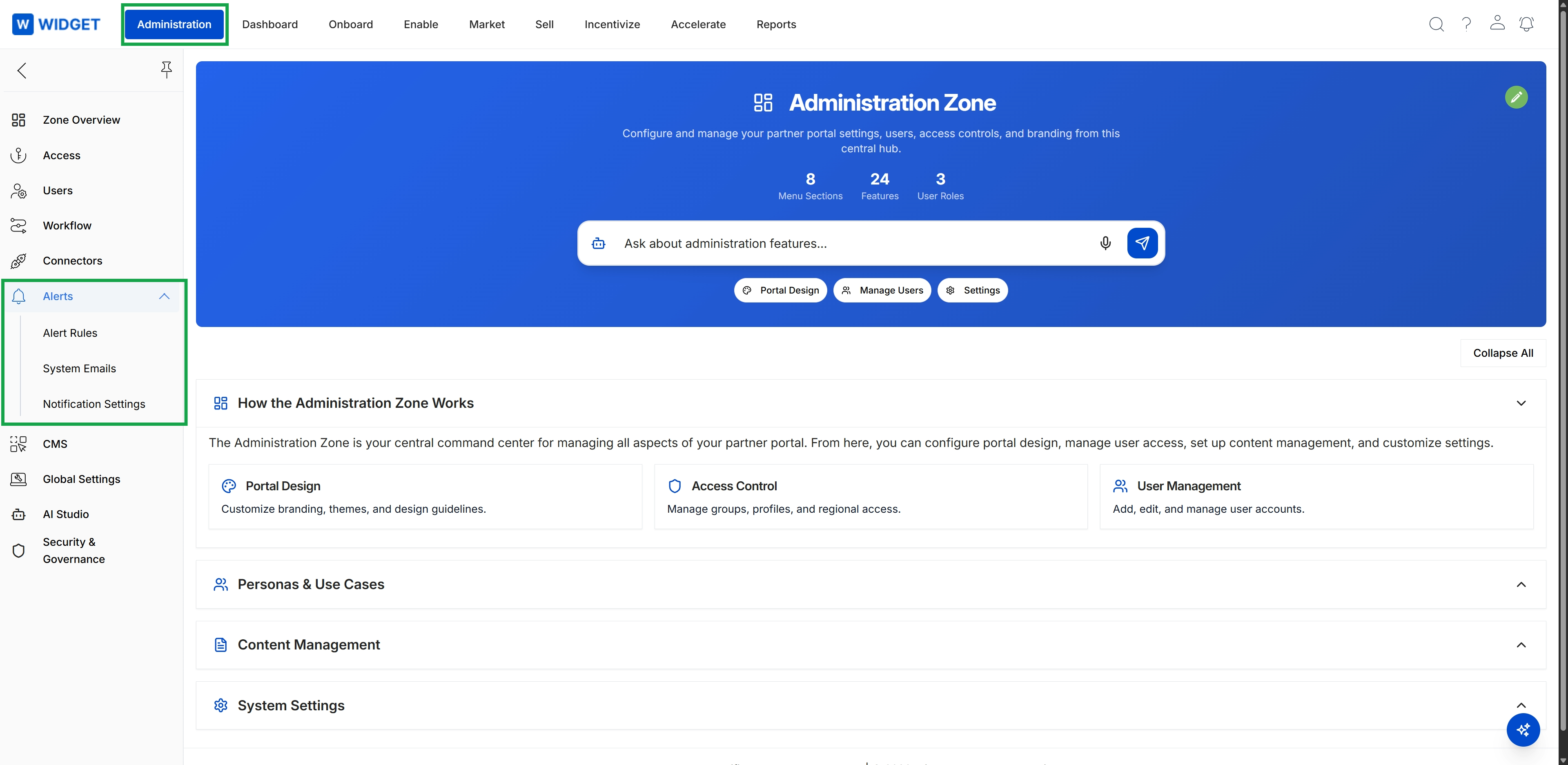 Administration Zone overview with Alerts menu expanded