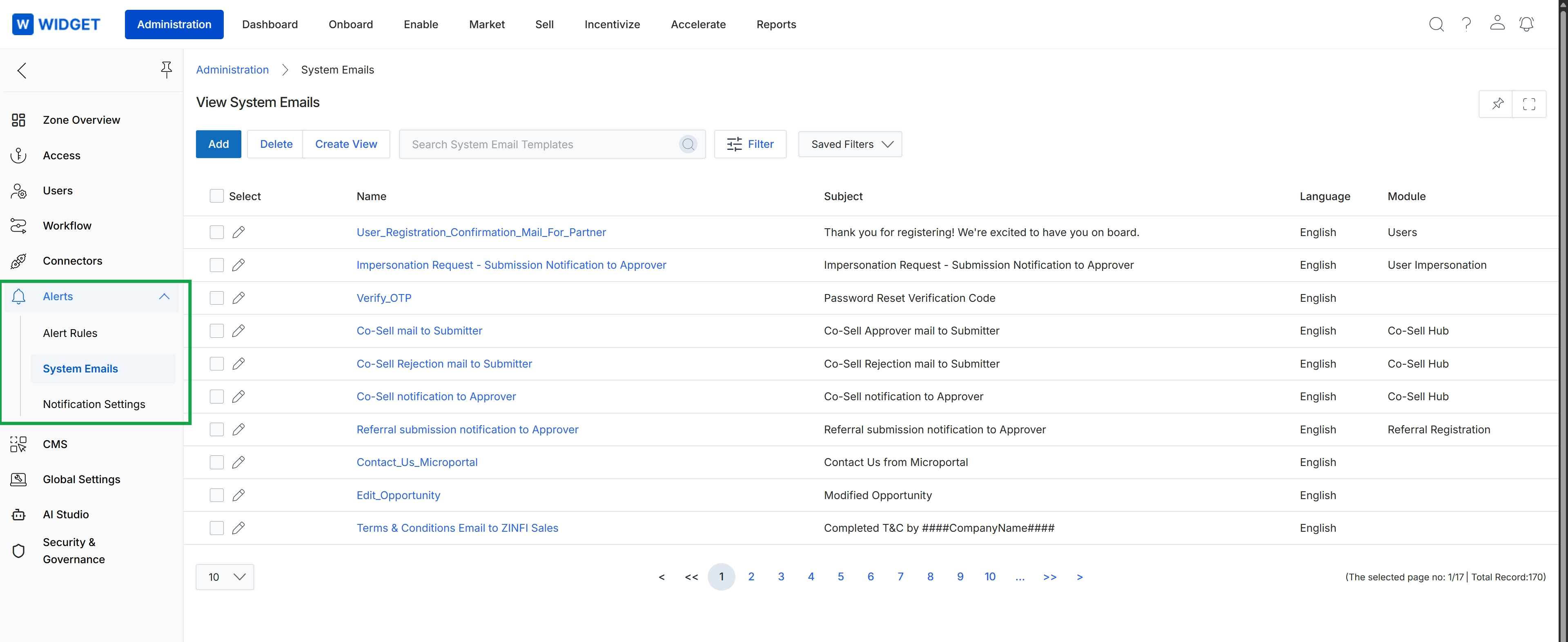 System email templates list view