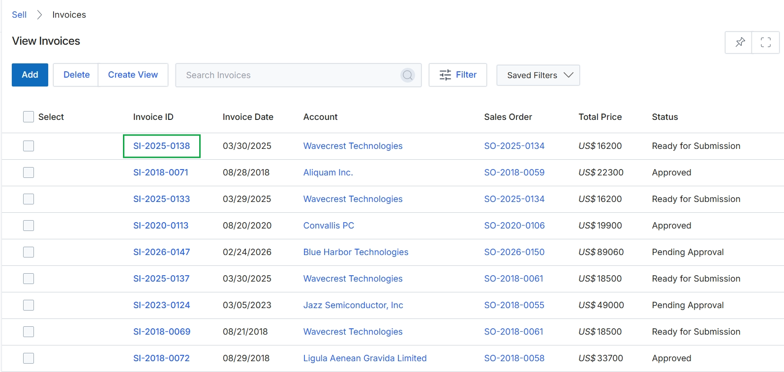 View Invoices list page