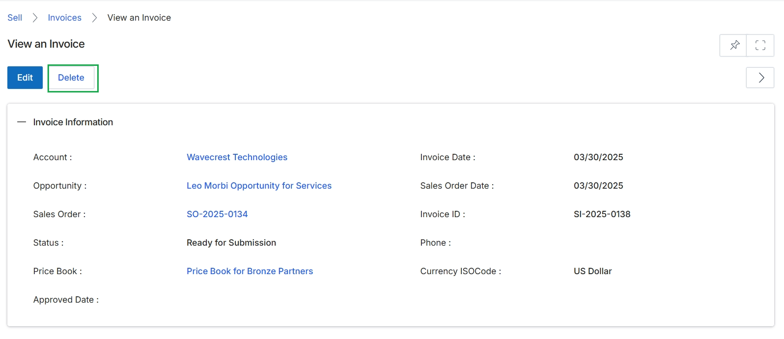 View an Invoice screen with Delete button highlighted