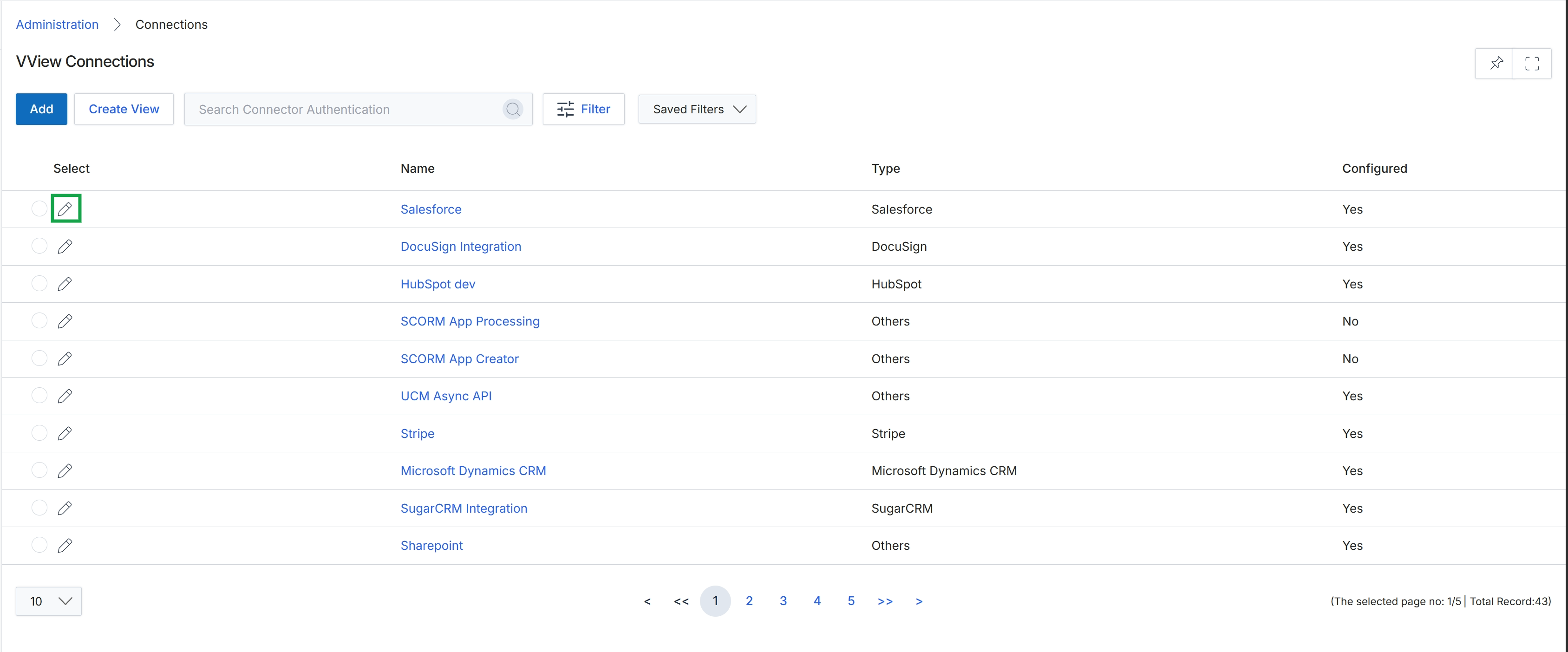 Connections list view