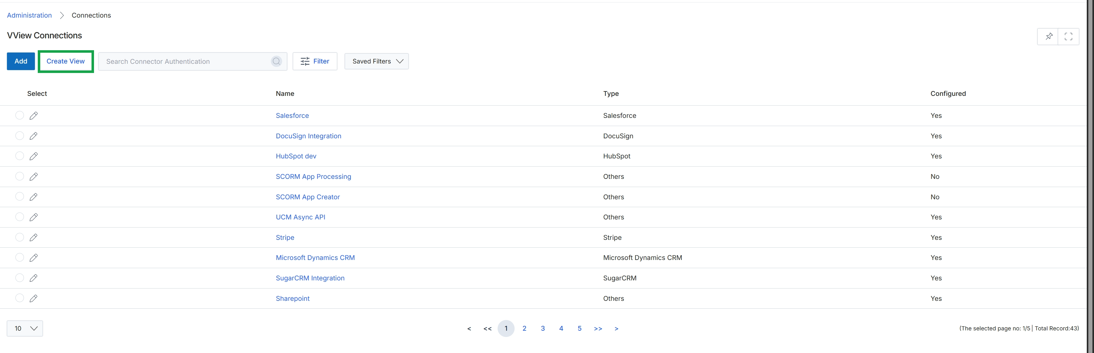 Connections list view with Create View button