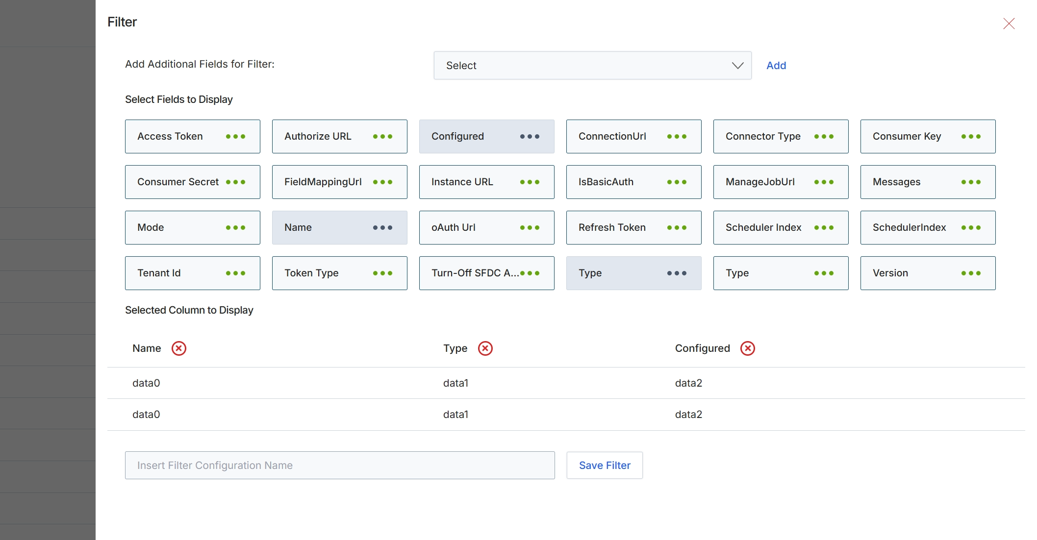Filter configuration modal