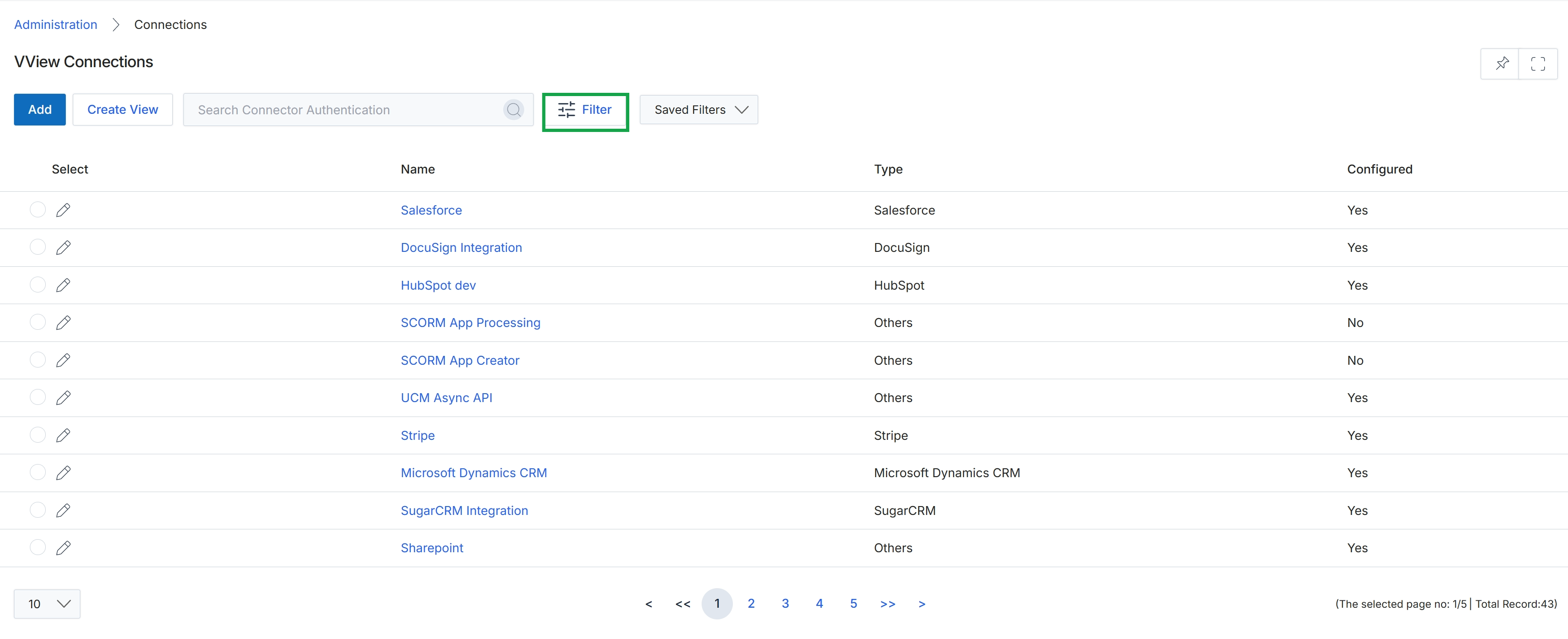 Connections list view with Filter button highlighted