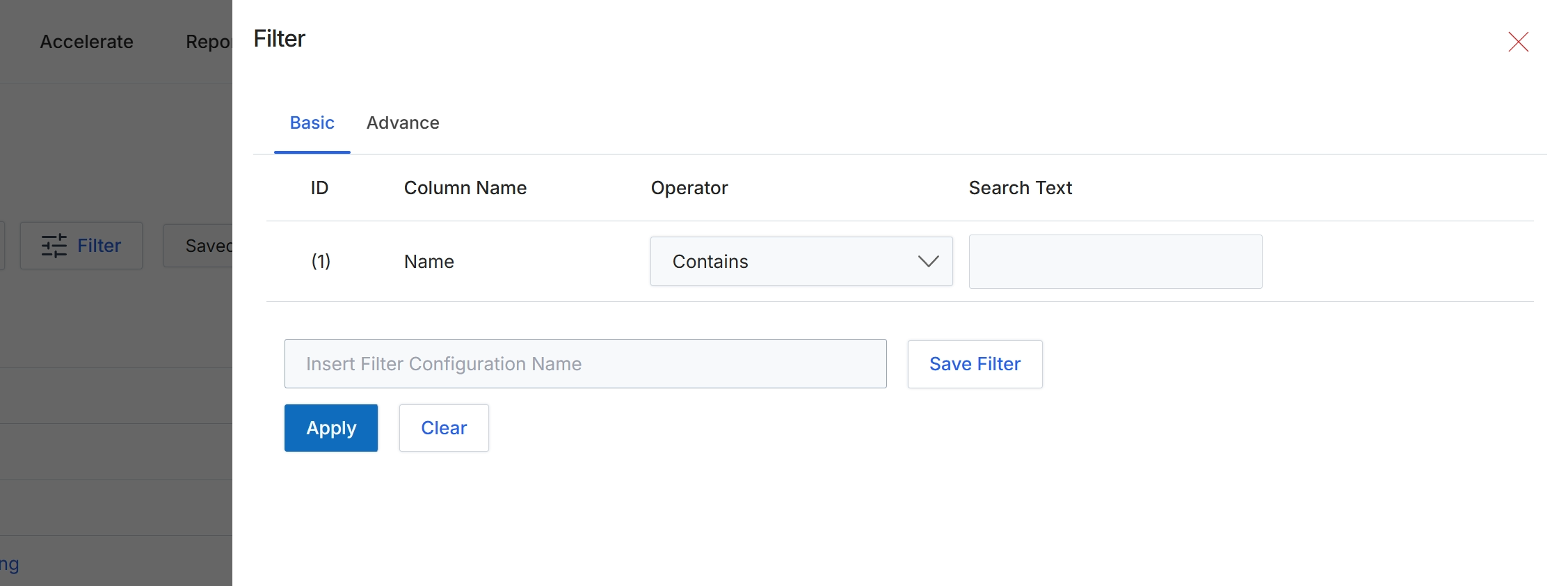 Filter dialog for connector list