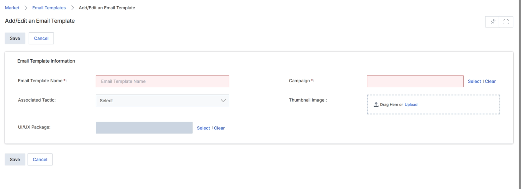 This form collects essential information for defining the template's properties, such as its name, associated campaign, and any specific marketing tactics it supports. The fields on this form allow for the detailed configuration of the email template, ensuring it aligns with its intended use within the UPM platform's marketing capabilities.