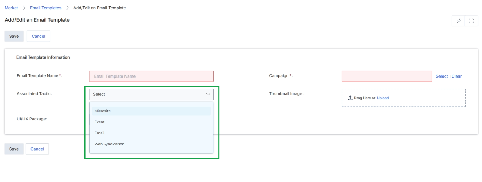 Select the appropriate marketing tactic from the "Associated Tactic" dropdown list to specify the type of activity this email template will support.