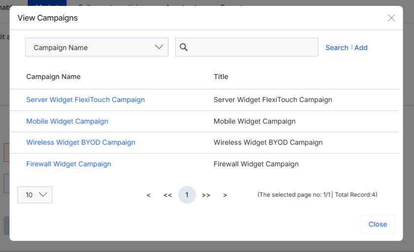 This modal dialog, 'View Campaigns', allows users to select an existing campaign to associate with the email template being created or edited. In the UPM Market module, campaigns serve as overarching marketing initiatives that can encompass a range of tactics, including email marketing. Associating an email template with a specific campaign helps organize marketing efforts, track performance metrics, and ensure that all related activities fall under a unified strategy. This selection is crucial for proper reporting and attribution within the platform, linking the email template's usage and results back to a broader marketing objective.