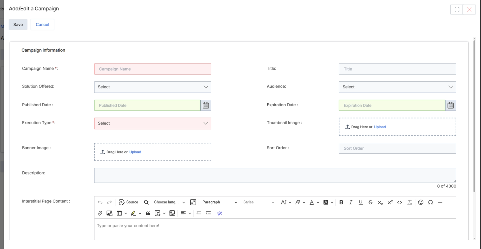 This screen displays the 'Add/Edit a Campaign' form, which is used by vendor-side users to define and configure new co-marketing campaigns within the Market module. Campaigns are central to UPM's co-marketing capabilities, allowing vendors to structure marketing initiatives with specific objectives, budgets, and assets that partners can then execute. This form captures all the essential details required to set up a campaign, including its name, type, target audience, duration, and associated creative assets. Once configured and published, these campaigns become visible to eligible partners in their portals, enabling them to participate in co-marketing efforts. The form supports the comprehensive definition of a campaign, which is a prerequisite for partners to select and launch marketing activities or apply for Market Development Funds (MDF) related to specific initiatives.