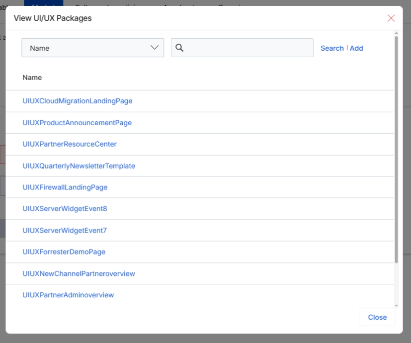 This modal window, 'View UI/UX Packages,' allows users to select a pre-defined UI/UX package for an email template. UI/UX packages are collections of design elements and layouts that ensure consistency and branding across various marketing assets. By selecting a package, users can quickly apply a standardized look and feel to their email templates, streamlining the design process and maintaining brand guidelines. This selection is crucial for ensuring that partner-facing communications align with the vendor's overall marketing strategy and visual identity.