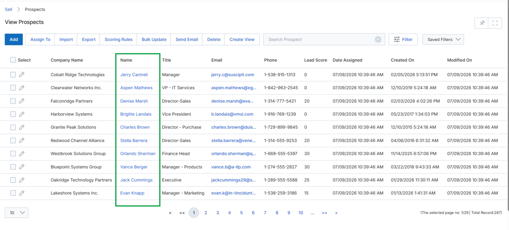 Prospects list view
