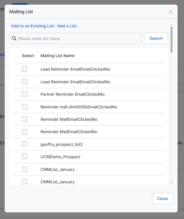 Mailing List dialog