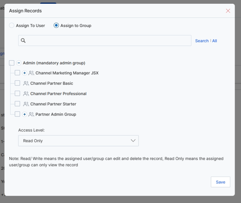Assign Records dialog with 'Assign to Group' selected