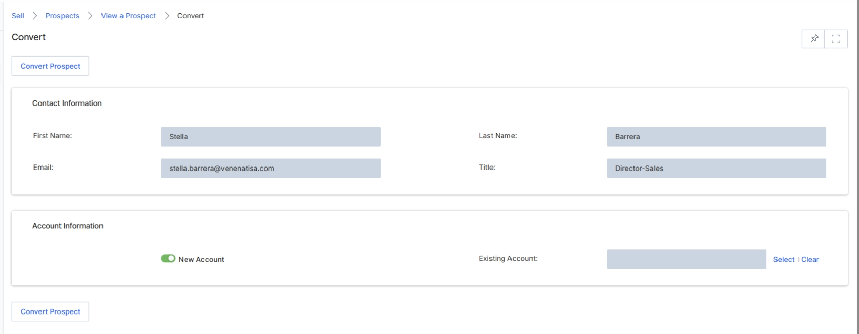 Convert Prospect details screen