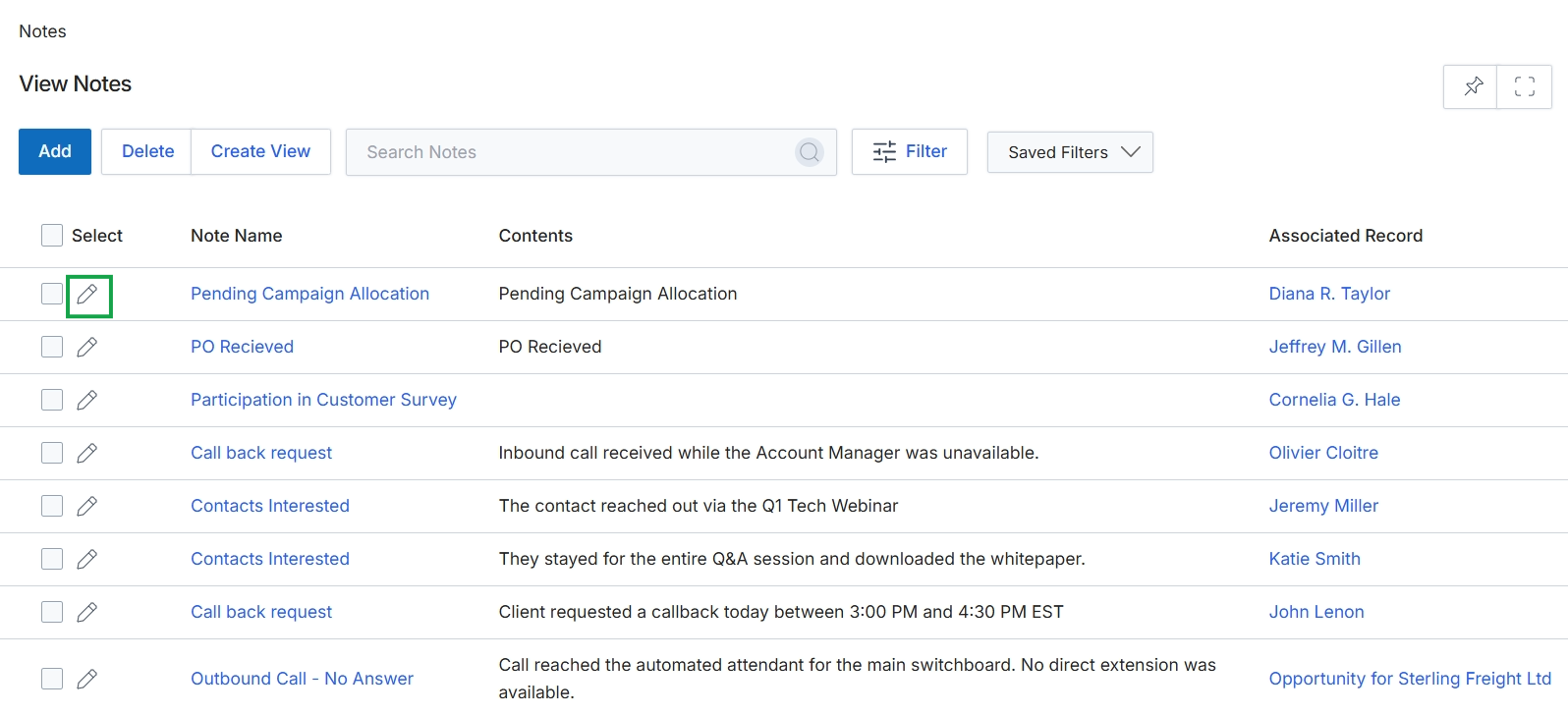 View Notes list page