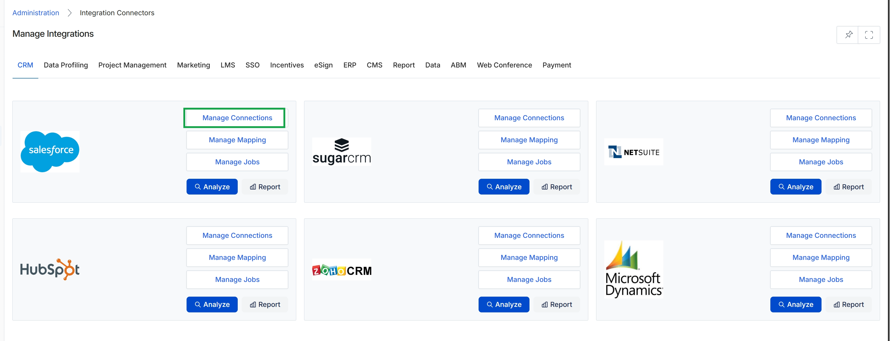 Integration Connectors list view