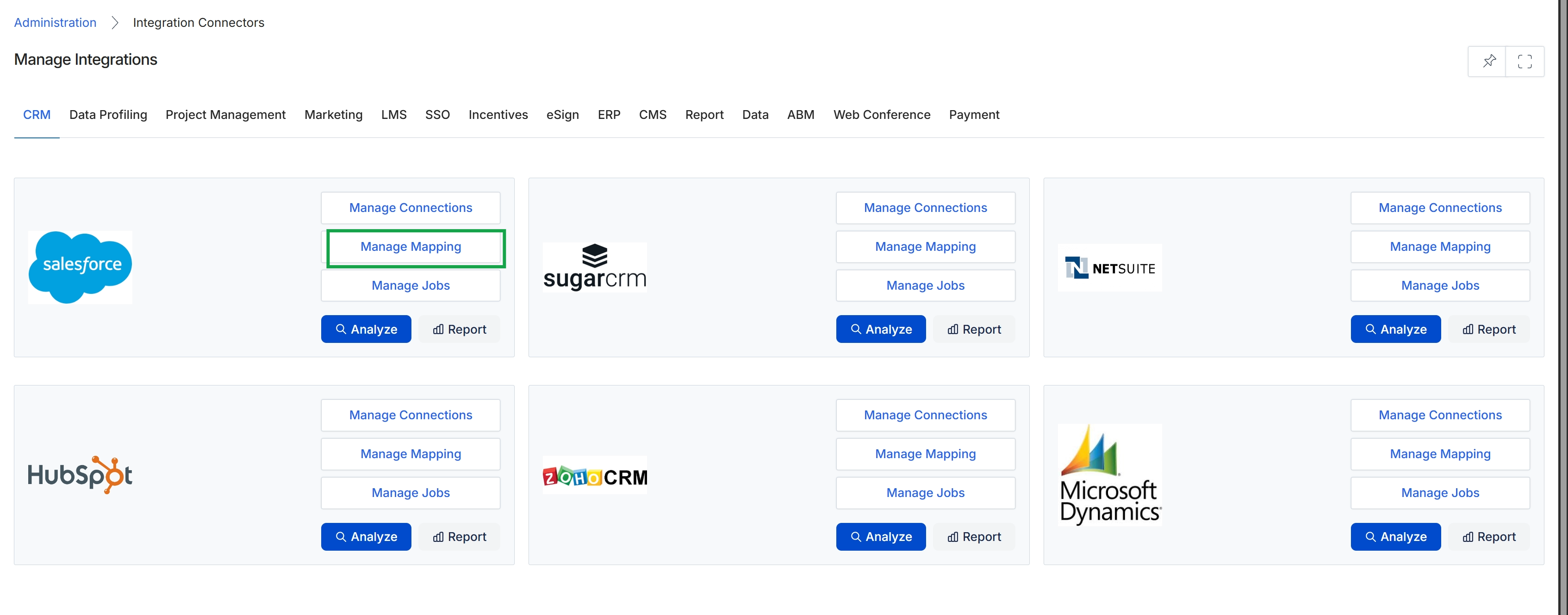 Integration Connectors page with Salesforce mapping highlighted