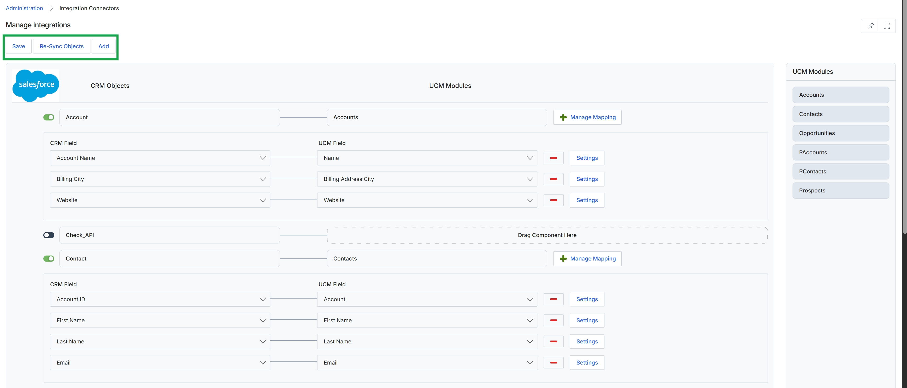 Manage Integrations screen for Salesforce connector