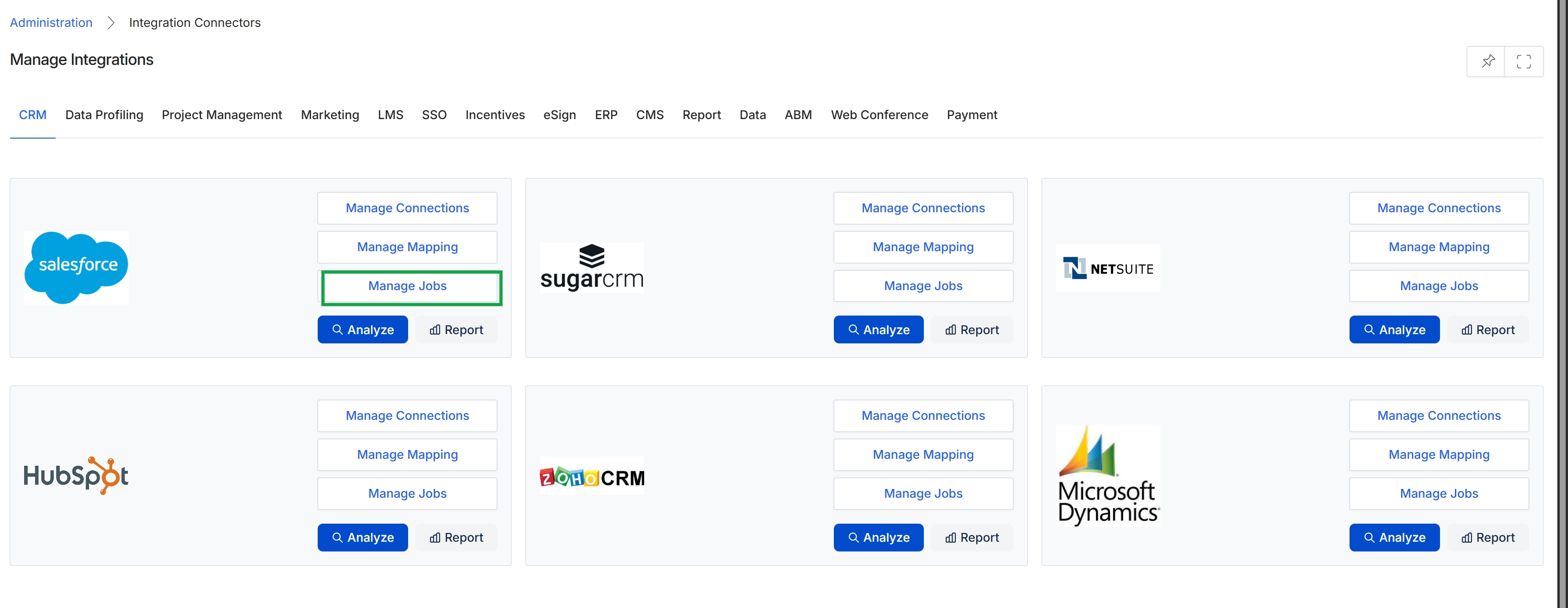 Manage Integrations page with Salesforce connector