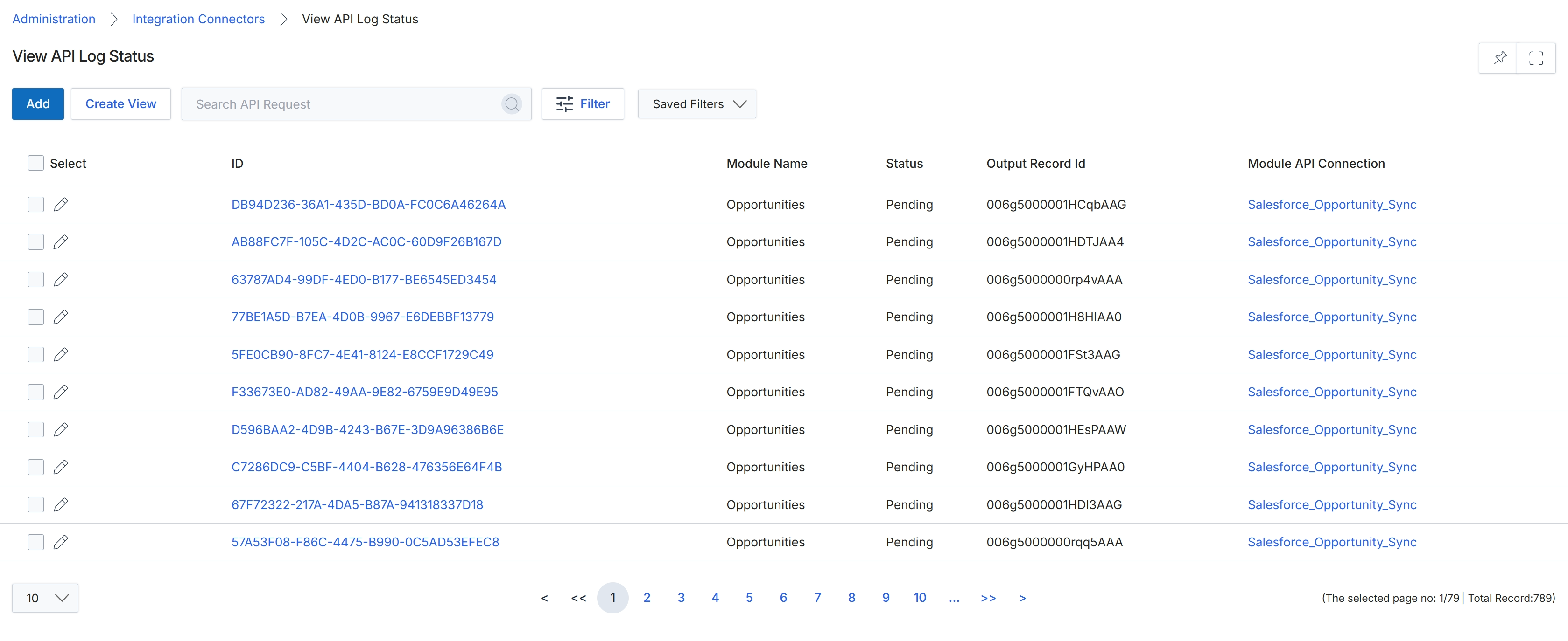 API Log Status listing