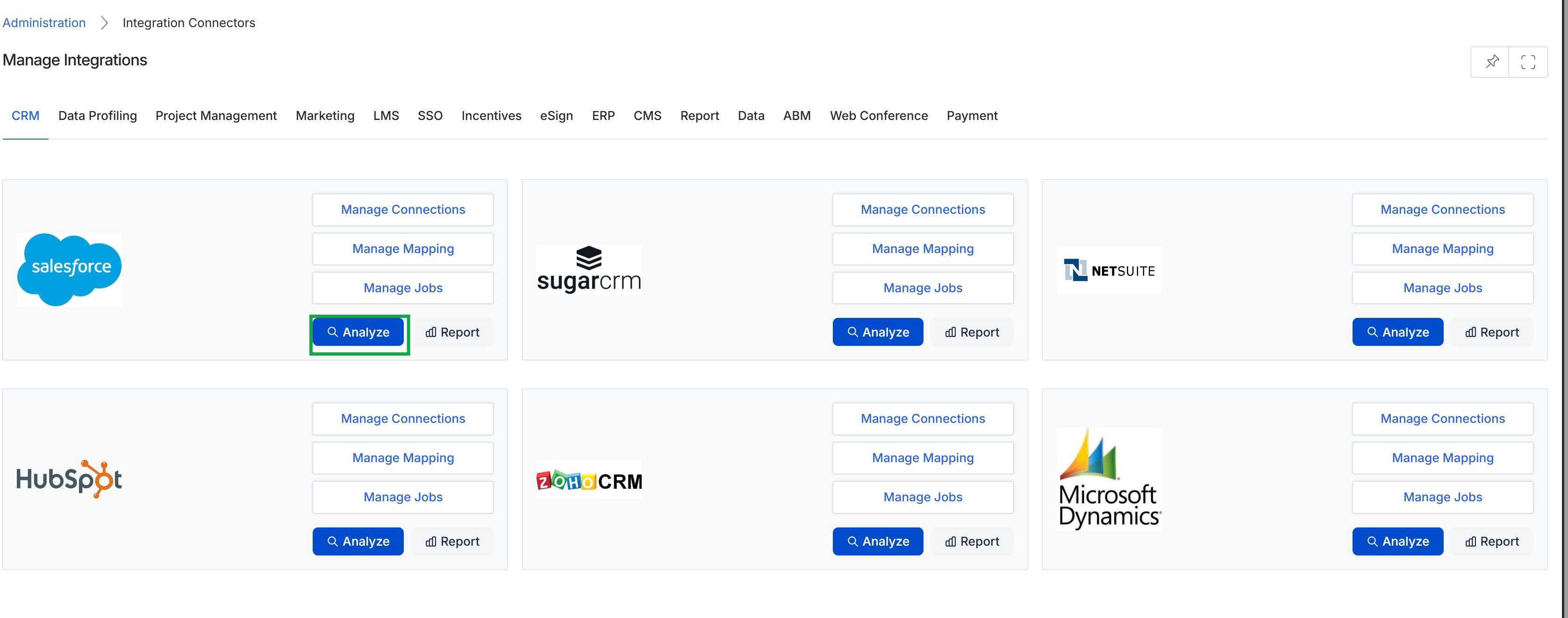 Manage Integrations page with Analyze button highlighted