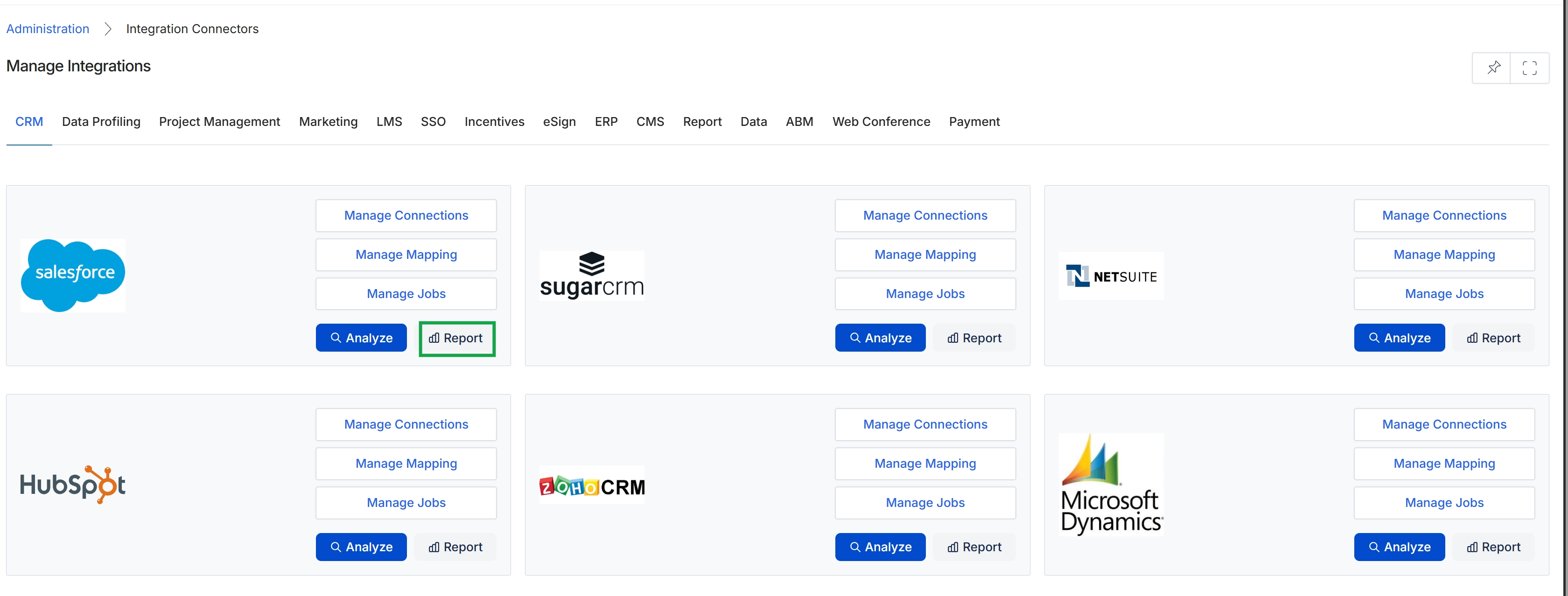 Manage Integrations page with Salesforce connector details