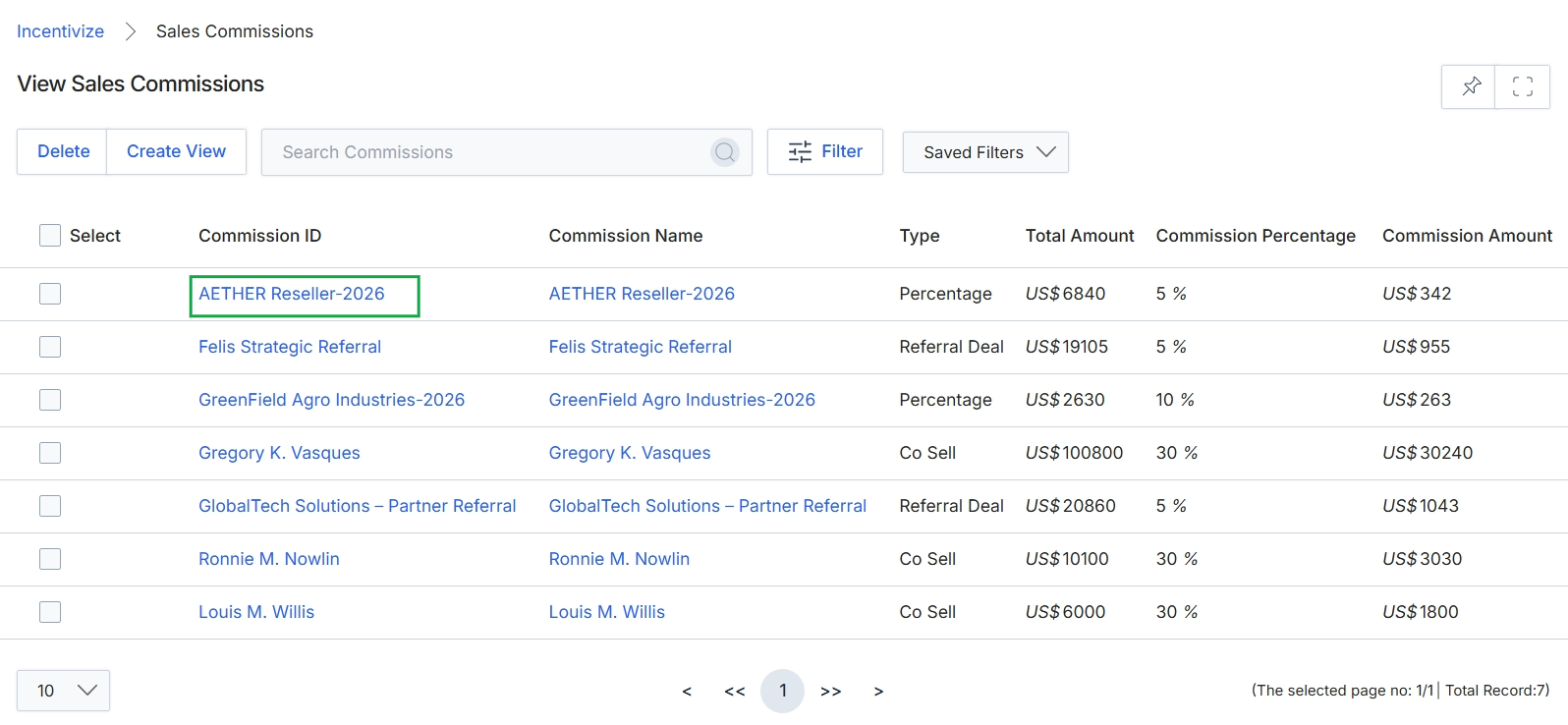Sales Commissions list view