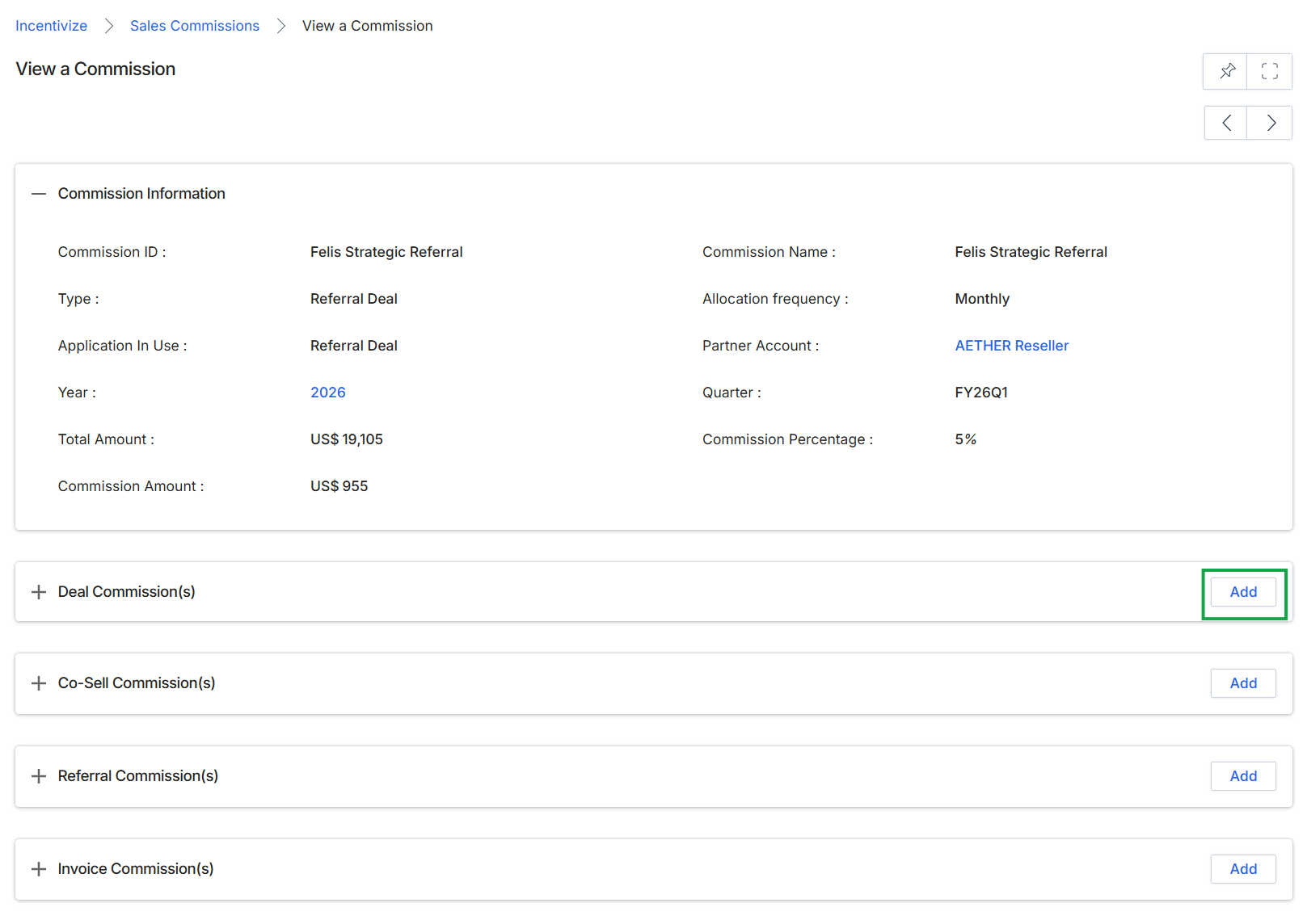 Add/Edit a Deal Commission page with Add button