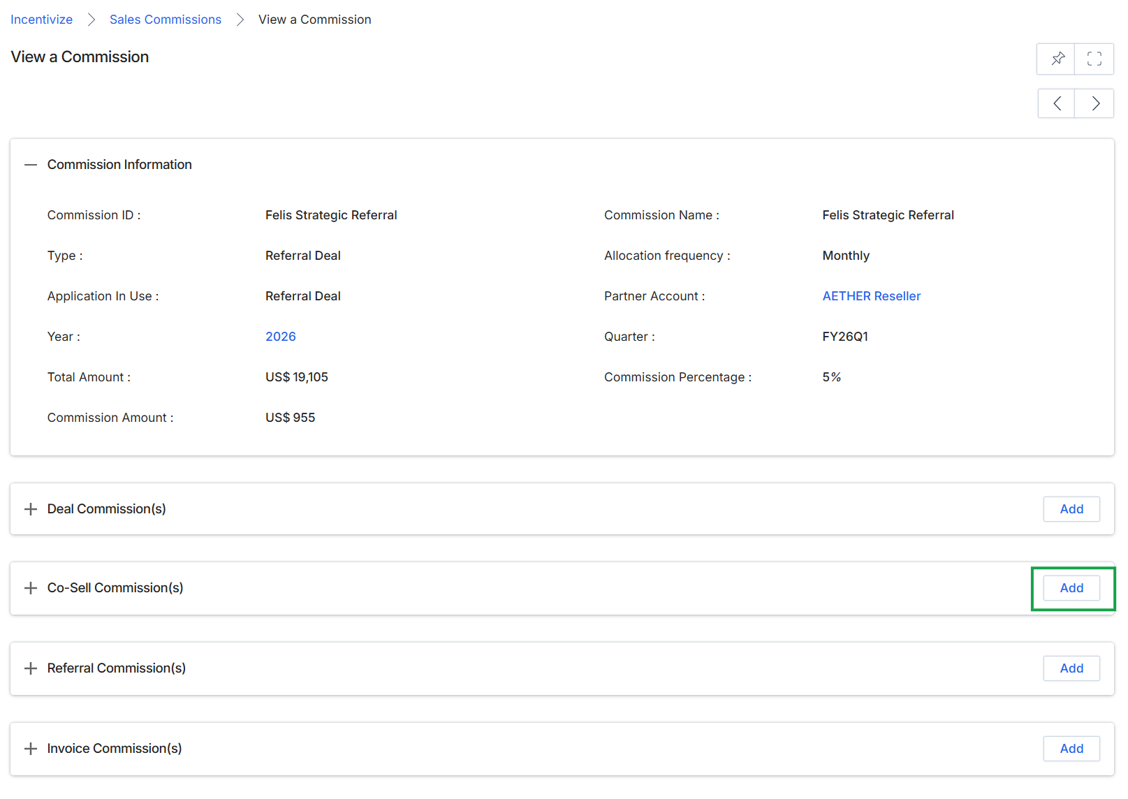 Add/Edit a Co-Sell Commission page with Add button