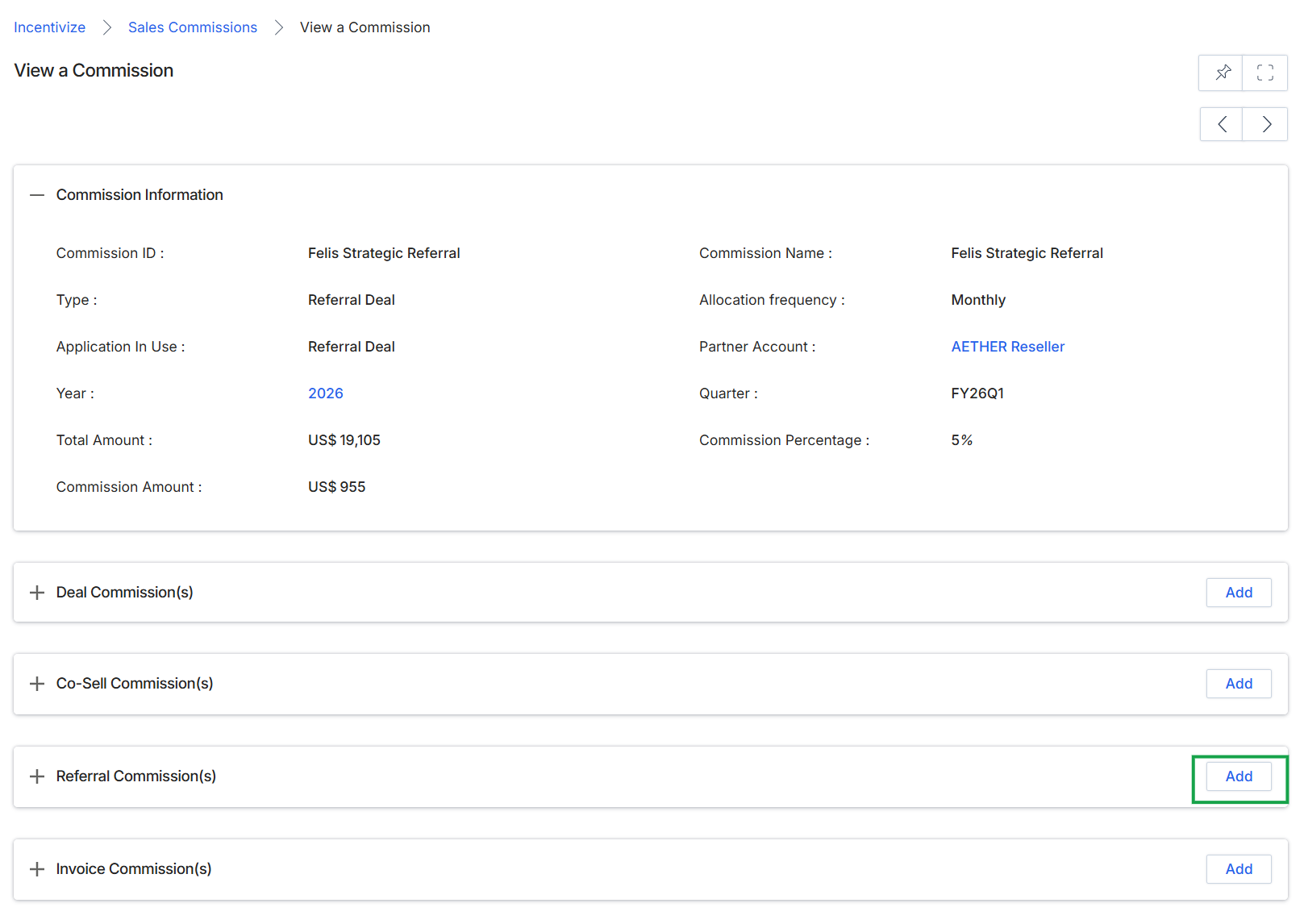 Add/Edit a Referral Commission page with Add button