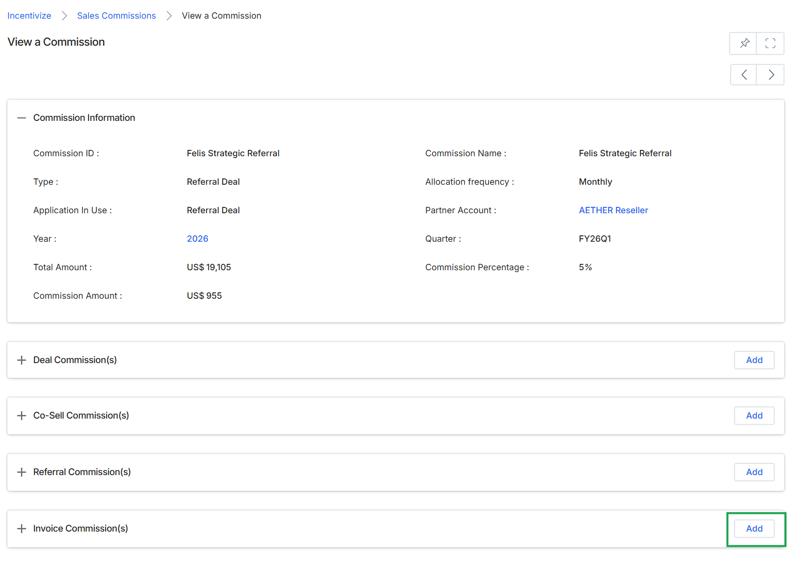 Add/Edit a Invoice Commission page with Add button