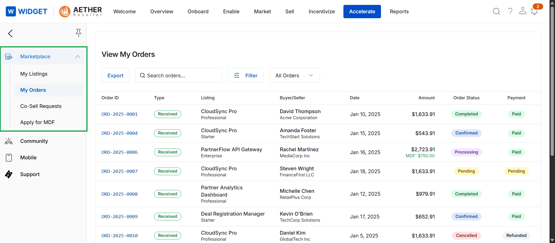 My Orders list view in Accelerate module