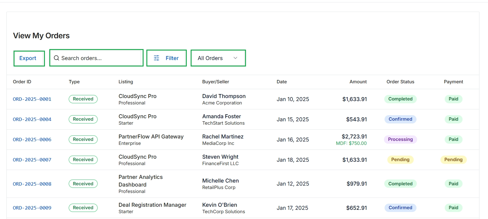 Partner marketplace orders list