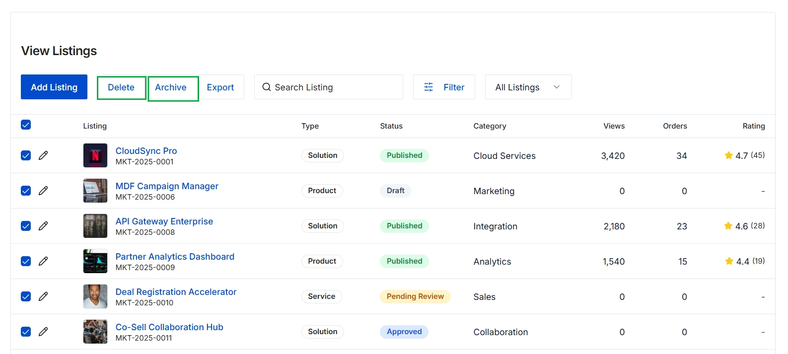 Co-sell marketplace listings management view