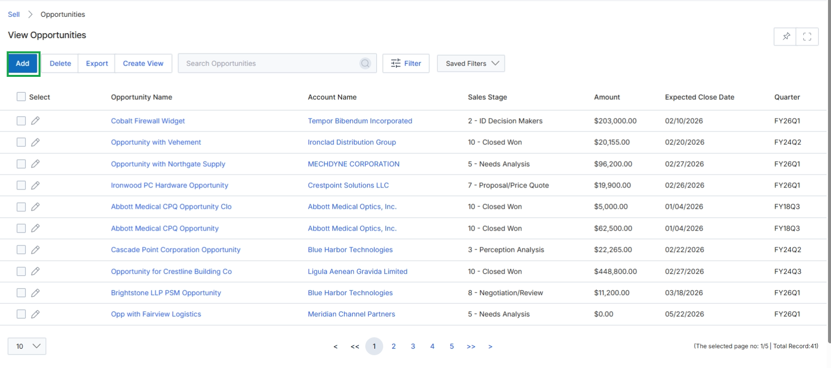 Opportunities list view
