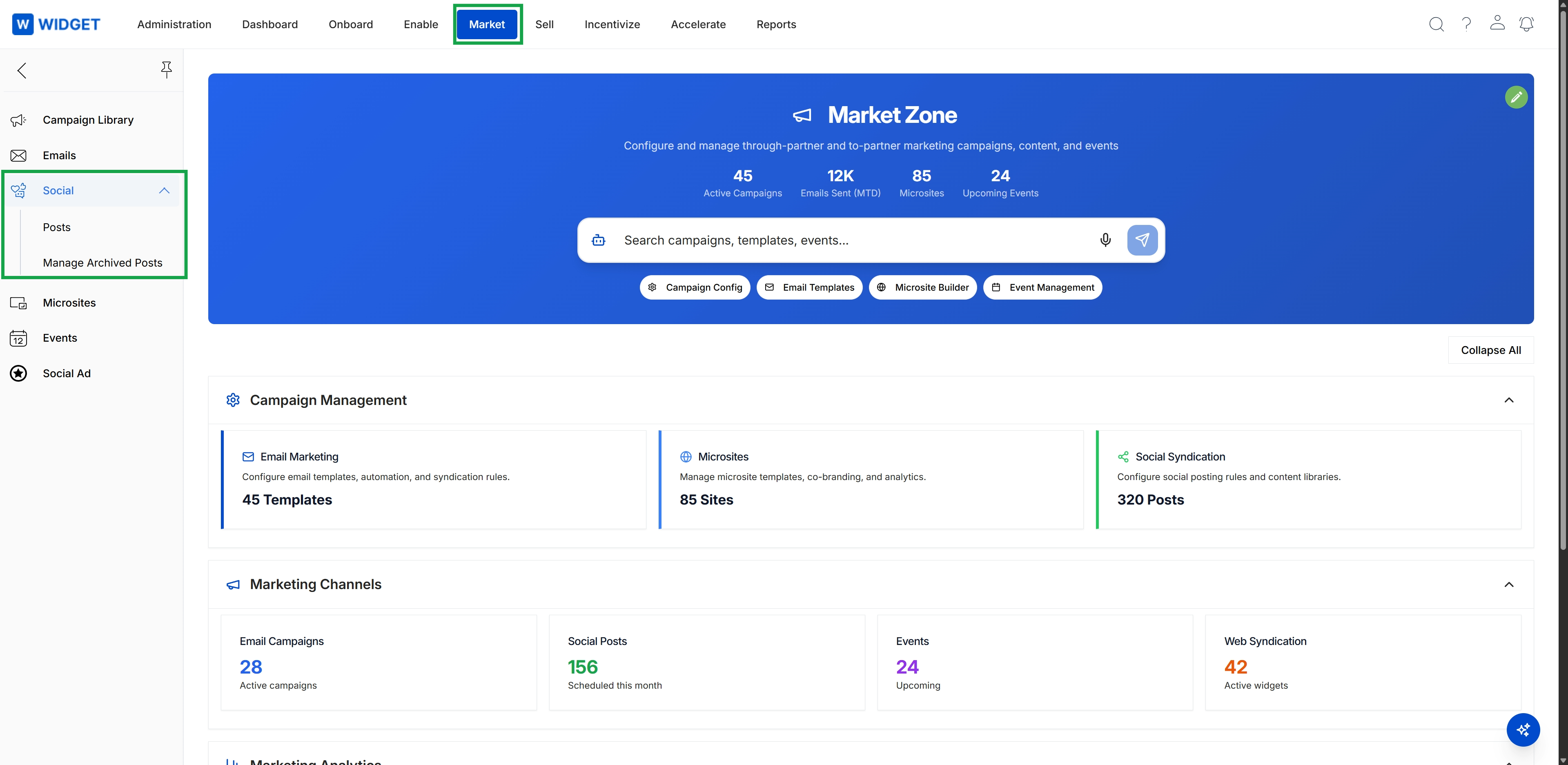 Market Zone dashboard with left navigation expanded