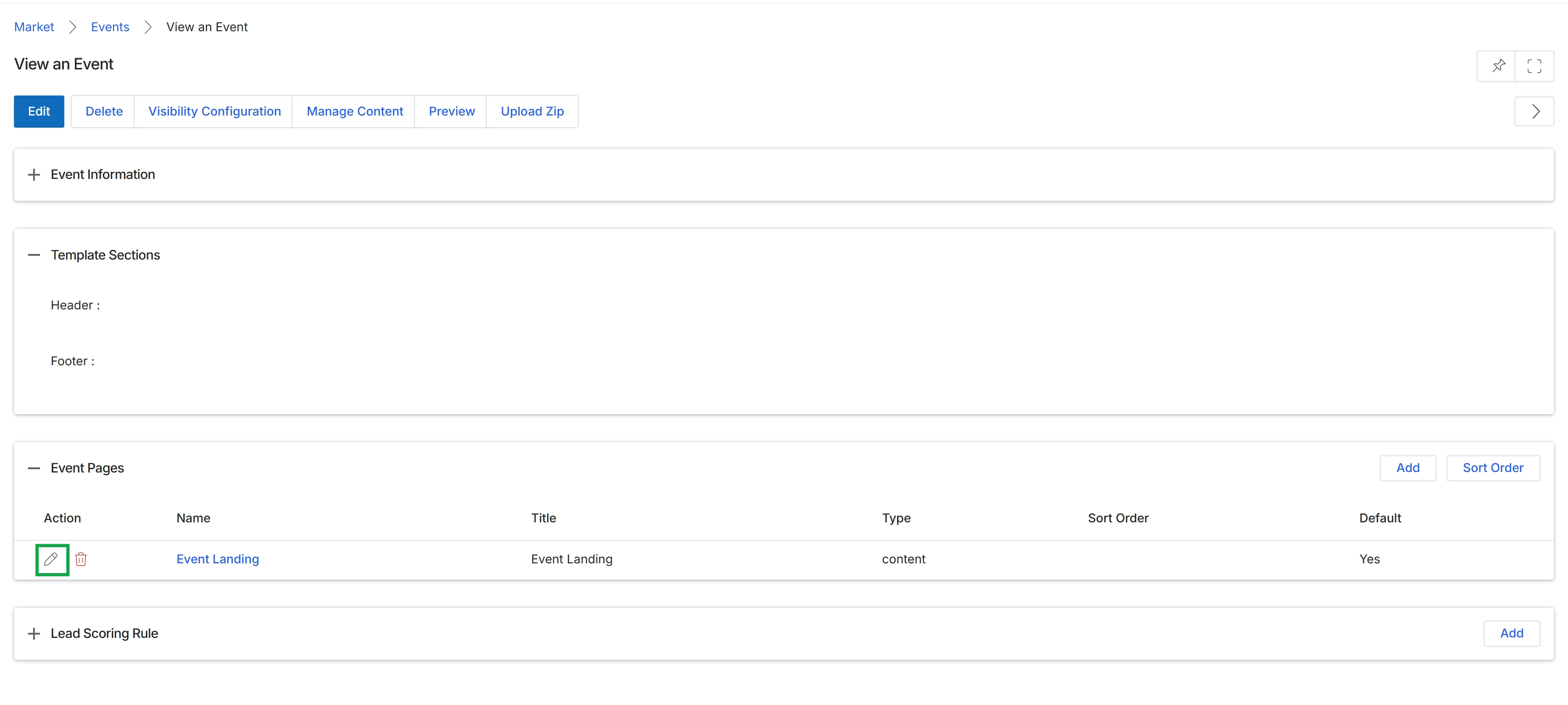 View an Event page with Event Pages list