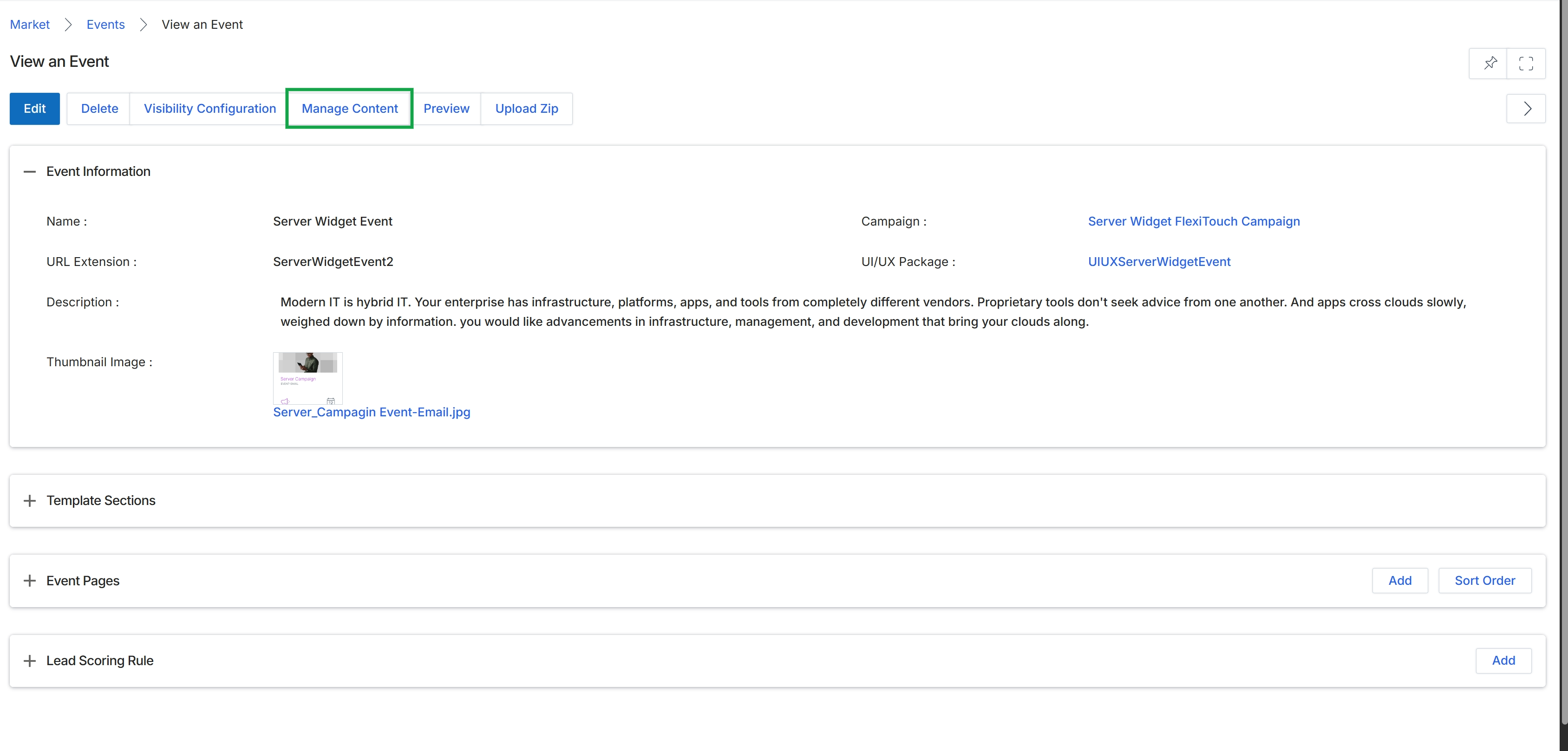 View an Event page with Manage Content button