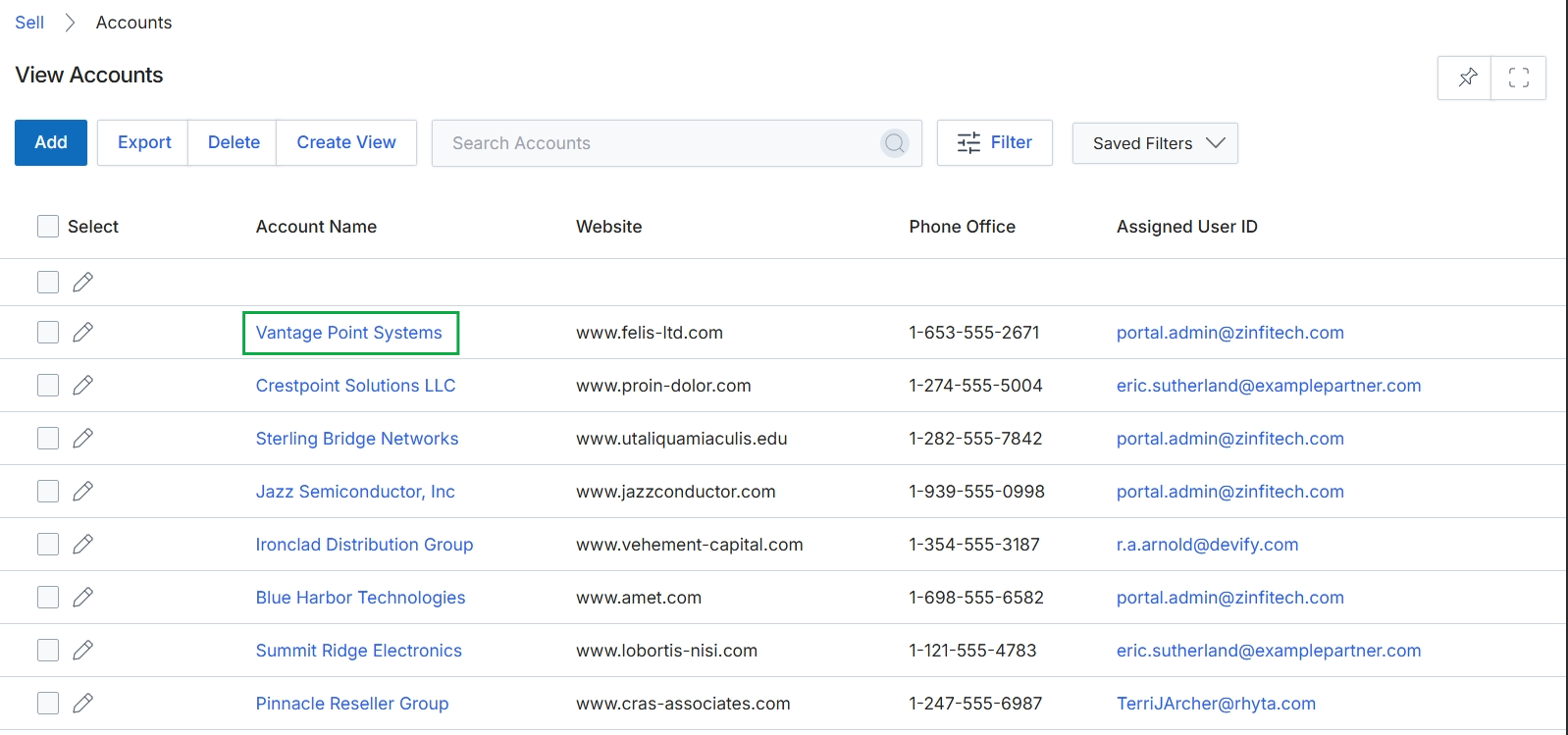 View Accounts list page.