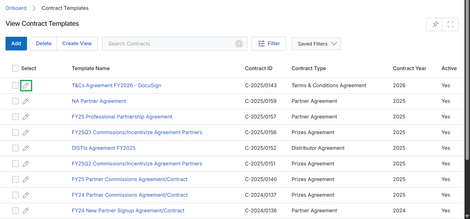 Contract Templates list view