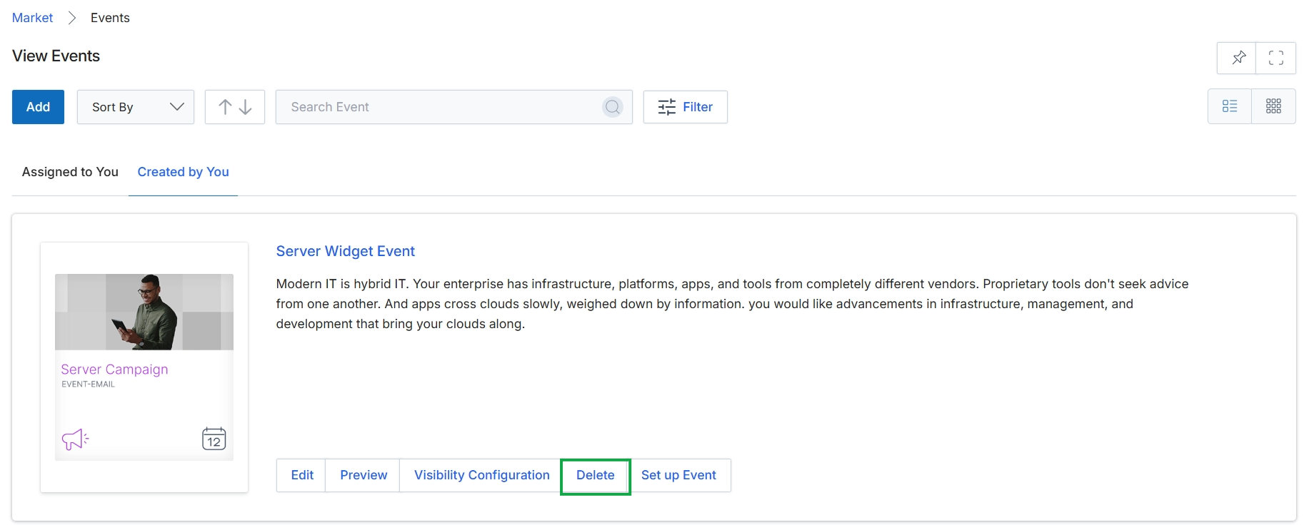 View Events page with event details and action buttons